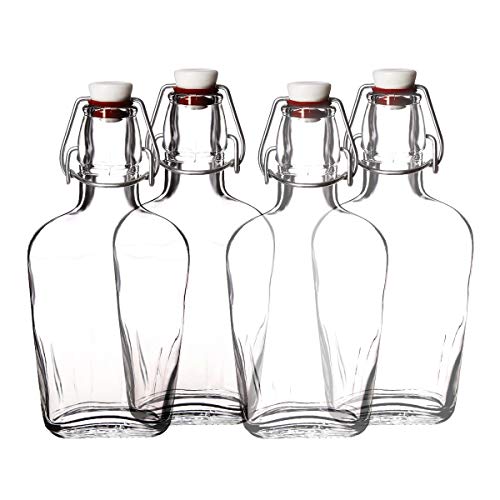 Glass Bottle with airtight stopper 8.5 oz - pocket glass flask swing top lid | personalized flask for liquids, whiskey, liquor, wine, water (Set of 4) by ofmars-store