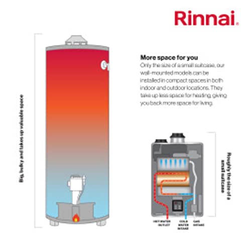 Image of Rinnai RE180eN Non-Condensing Natural Gas Tankless Water Heater, Up to 8.5 GPM, Outdoor Installation, 180,000 BTU