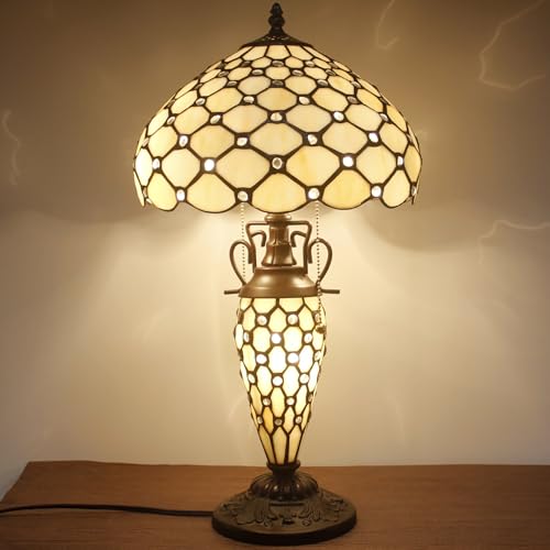 Image of WERFACTORY Tiffany Style Table Lamp Cream Stained Glass Crystal Bead Lamp