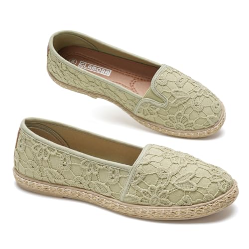 GLAMORA Alpargatas de Encaje con Suela de Esparto, Zapatos Planos Mujer Tipo Bailarinas Manoletinas Cómodas Slip On, Calzado Verano Ligero Transpirable Punta Redonda green-38