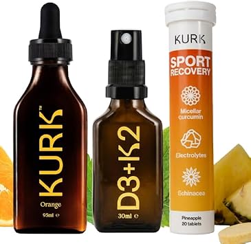 Vitamin D3K2 Spray, Sport Recovery Tabs, and Essential Wellbeing Orange | Sport Electrolyte Tablets Pineapple 20 Tablets, High Strength Liquid Curcumin Oil from Turmeric Orange 3.2 Fl Oz