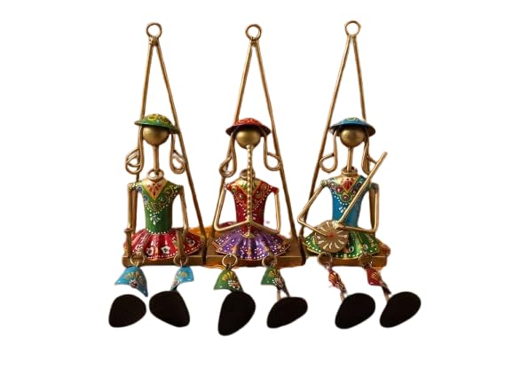 Durga Puja: Traditional vs Contemporary Decor 47 Handpainted Metal Musician Doll Wall Hanging with Bells, Set of 3