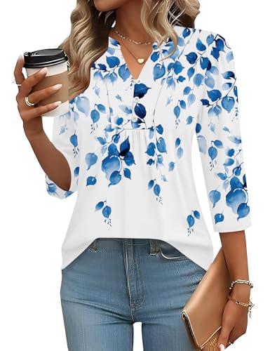 IECCP Spring Floral Tops for Women 2026 3/4 Puff Sleeve Dressy Blouse V-Neck Button Basic Tee Loose Fit Tunic Business Work Clothes (White Blue Leaves,XL)