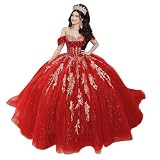 Mauuwy Red Quinceanera Dresses Gold Applique Lace Sweet 16 Dresses Off The Shoulder Puffy Prom Dress Crystal Beading Ball Gown with Bow Size 0