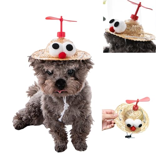 犬 帽子 犬 サンバイザー 麦わら帽子、通気性、竹トンボ付き、UVカット、サイズ調整可能、小型犬、中型犬、大型犬に適しており、毎日の犬の散歩、外出、散歩、ビーチ、猫と犬に適しています(Large,Bamboo dragonfly red)