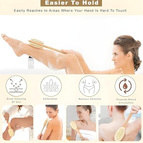 Image of KIMEE 2-in-1 Wooden Bath Brush with Long Handle and Bristles | Dual-Sided Body Brush and Back Scrubber for Shower, Wet and Dry Brushing Exfoliation, Cellulite Care and Cleansing