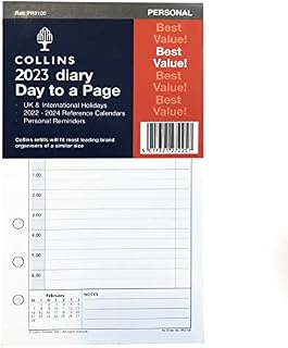 Collins Debden 2023 Day to a Page Personal Organiser Refill (PR2100) - compatible with six hole organisers - (172 x 96mm), PR2100-23, White