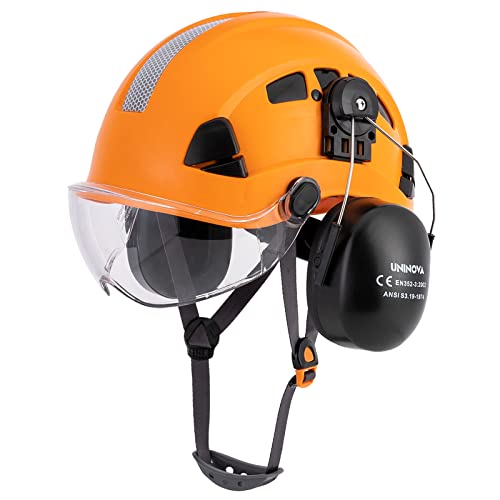 UNINOVA Hard Hat Ear Protection and Visor ANSI Z89.1 Vented ABS Forestry Arborist Tree Climbing Construction Helmet Ear Protection(S91 Orange+Clear+Earmuff)