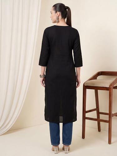 Image of INDO ERA Women Viscose Rayon Straight Fit Straight Floral Embroidered Kurtas