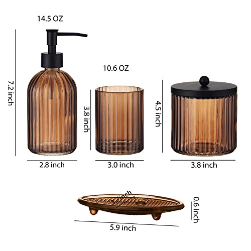 Kmwares 4Pcs Heavy Weight Decent Glass Bathroom Accessories Set With Decorative Pressed Pattern - Includes Hand Soap Dispenser & Tumbler & Soap Dish & Toothbrush Holder thumb #1