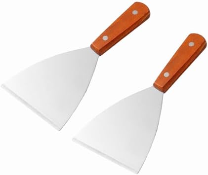Stainless Steel Slant Edge Grill Griddle Scrapers Spatula, Wooden Handle Large Diner Flat Straight Blade Grill Utensils for Camping 2 Pack