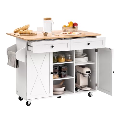 VEVOR Desserte de Cuisine sur Roulettes 132 cm de Large, Îlot Central Mobile avec Plateau en Bois Massif, Armoire, Tiroir, Abattant, Porte-serviettes et Épices, pour Salle à Manger Garde-manger, Blanc