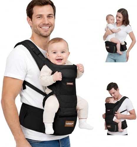 Baby Carrier with Hip Seat, Ergonomic 6-in-1 Infant Carrier for Newborn to Toddler, Adjustable Baby Holder with Head Support for Dad, Black