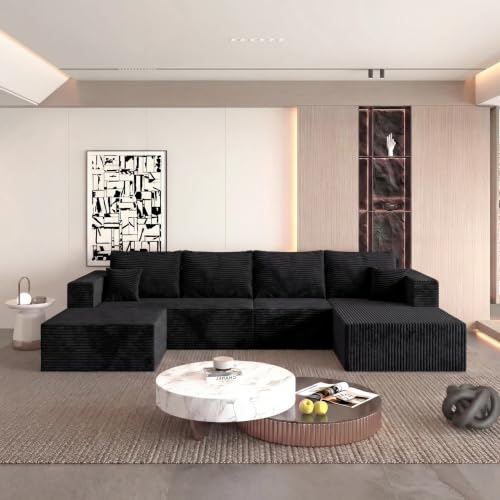 Image of 138 inch Modular Sectional Sofa,U-Shaped Cloud Couch with Deep Seats & Chaise,Upholstered Corduroy Boneless Couch for Living Room, No Need Assembly - Black(Right Facing Chaise)