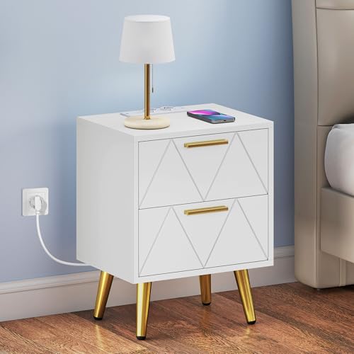 TAUS Nachttisch mit 2 Schubladen, 2USB-Anschlüssen und Steckdosen, Nachtkommode mit goldfarbenen Metallfüßen und -Griffen, Beistelltisch mit Aufbewahrungsmöglichkeiten (40x30x52cm, Weiß) TAUS Nachttisch mit 2 Schubladen, 2USB-Anschlüssen und Steckdosen, Nachtkommode mit goldfarbenen Metallfüßen und -Griffen, Beistelltisch mit Aufbewahrungsmöglichkeiten (40x30x52cm, Weiß)