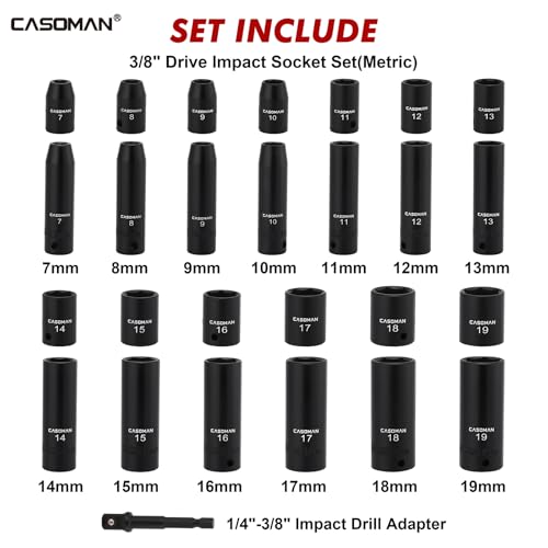 CASOMAN 27 Pieces 3/8-Inch Drive Impact Socket Set, Deep & Shallow, Metric (7mm - 19mm), 6 Point, CR-V Steel - Thumbnail 2