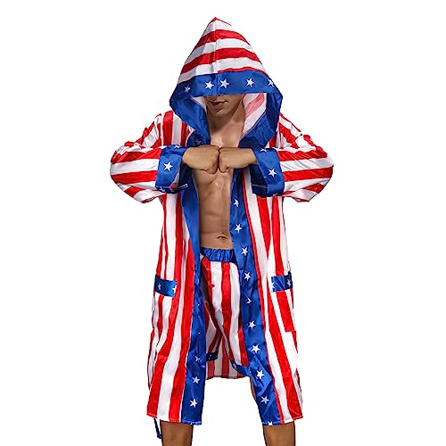 NIHONCOS Mens Boxing Costume Satin American Flag Robe with Hood Shorts Belt Cape Halloween Cosplay Outfit2