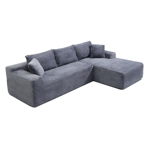 Image of 95 inch L Shaped Boneless Sectional Couches, Wide Armrest, Deep Seat, Memory Foam, Assembly Free, Modern Comfy Corduroy Fluffy Cloud Sofa with Right Chaise for Living Room, Small Spaces, Grey