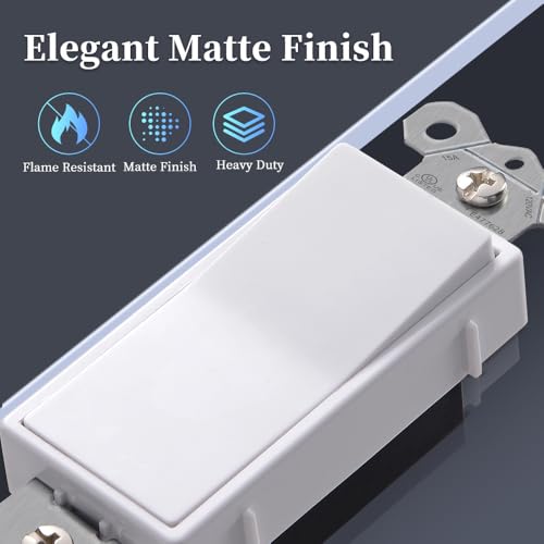 HANIVERSE Single Pole Decorator Light Switch, 15A 120/277V, Paddle Rocker, On/Off Wall Switch, Residential Grade, White, UL/CUL Certified (2-Pack)