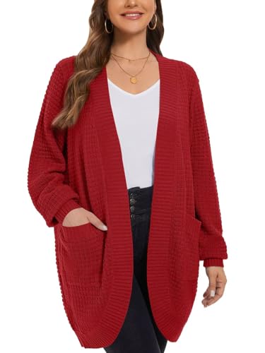 Image of LARACE Long Cardigans for Women Plus Size Tops Open Front Sweaters with Pockets Waffle Ribbed Sleeve Loose Fall Outwear