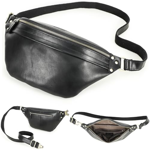 Top Grain Genuine Leather Large Size Fanny Pack for Man & Woman, Minimalist Vintage Design, Handmade with Detachable Hardware, Slim Waist Pack Large Crossbody Belt Bag for Traveling or Riding, Black