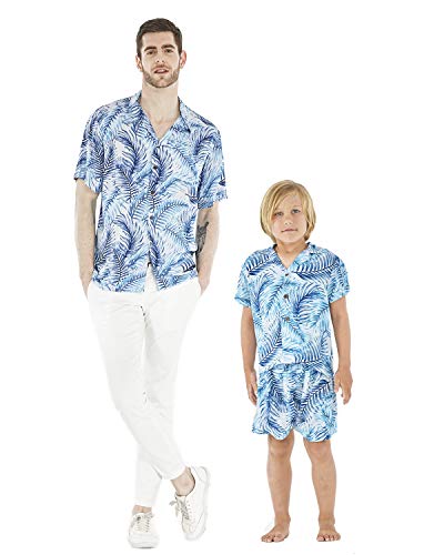 Matching Father Son Hawaiian Luau Outfit Men Shirt Boy Shirt Only Simply Blue Leaves S-10