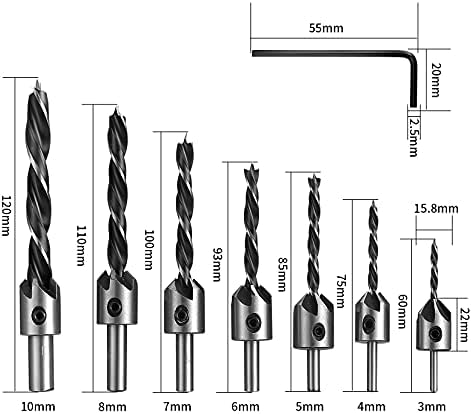 Countersink Drill Bits Set, 7 Pcs Woodworking Chamfer Counter Sinker Drill Bits, 3-Pointed High Speed Steel Center Punch Tool with L Wrench for Wood, Woodworking, Drilling Punch-7 Sizes