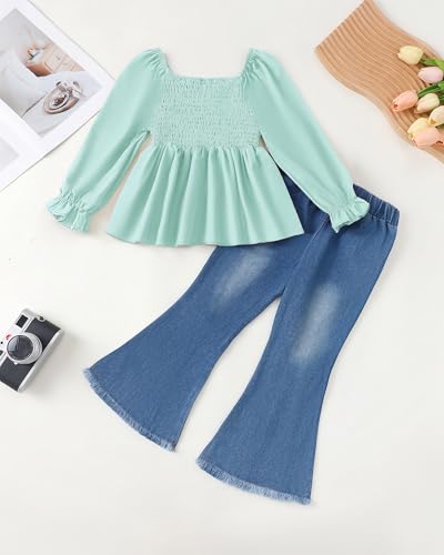 Image of XUANHAO Toddler Girls Clothes Puff Sleeve Smocked Shirt Flare Jeans Pant Outfits for Girl Bell Bottom Kids Girls Clothing Set