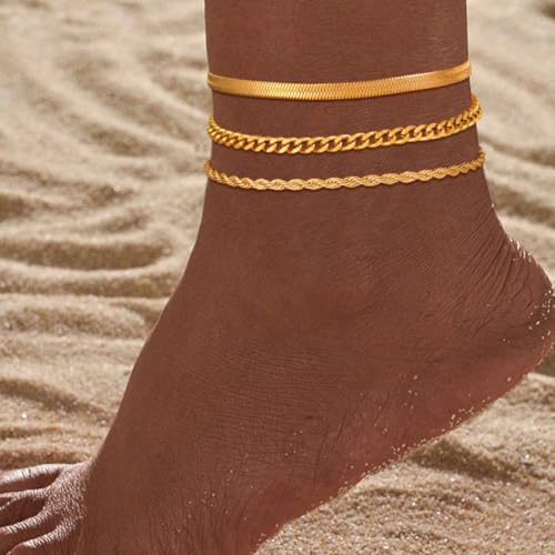 Image of Gold Anklets for Women Waterproof 14k Gold Plated Cuban Link Anklets Non Tarnish Rope Herringbone Ankle Chain Summer Beach Jewelry Gifts for Women
