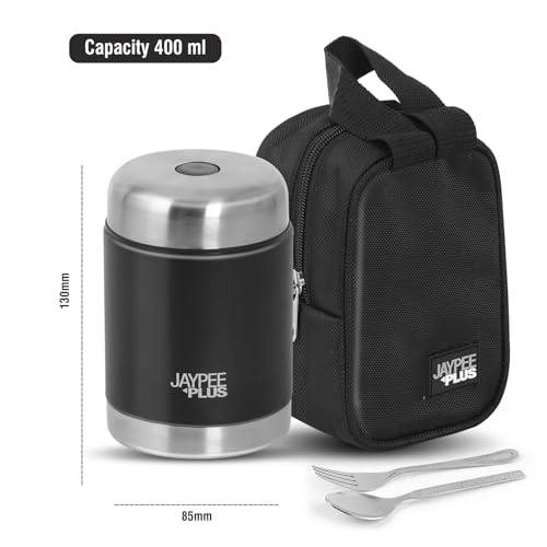Image of Jaypee Plus Nutri Jar Stainless Steel Vacuum Insulated Food Jar With Bag & Spoon|Hot And Cold Thermal Flask|Double Walled Scratch Resistant Ideal for Office, School, Gym & Travelling | 400 ml, Black