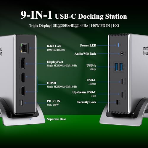 Minthouz Laptop Docking Station, 9in1 Dock with Detachable USBC Hub | 3 Display USB C Dock 2 DP&HDMI,140W PD Charger,2*3.0 USB-A,10Gbps,Gigabit Ethern - image 2