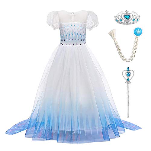 OBEEII Girls Princess Elsa Costumes Frozen 2 Carnival Dress Cosplay Halloween Christmas Party Fancy Dress Up Costume + Accessories Blue+accessories03 11-12 Years