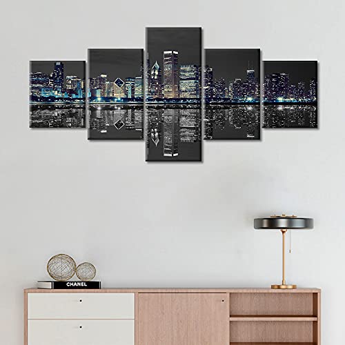 Chicago City Center Skyline Wall Decorations Black And White Wall Art Prints Modern Cityscape Home Decoration For Living Room Chicago Skyline Pictures For Bedroom Framed Ready To Hang (50" W X 24" H) #TOP3