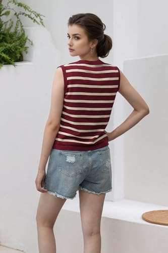 Image of Women's Striped Sweater Vest V-Neck, Fall 2025 Lightweight Cotton 100%, Vintage Button Cardigan Style Layering Staple for Turtlenecks & Jeans 18 Red L