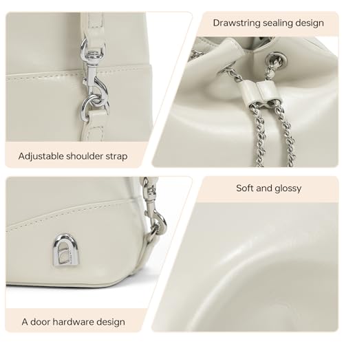 LA FESTIN Leather Purses for Women Cute Backpack Lightweight Shoulder Small Trendy Bucket Handbags with Strap Silver Chain (White)3