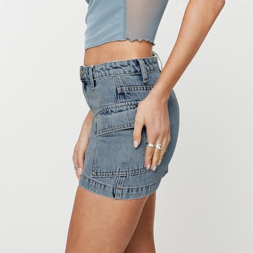 Women Cargo Denim Mini Skirt Y2K Low Waist Button Down A Line Bodycon Going Out Skirt Vintage Streetwear with Pockets3