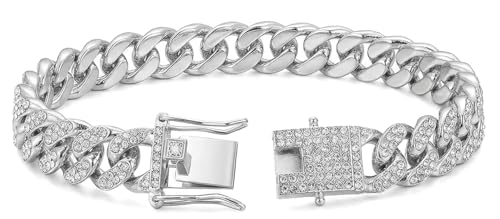 Pimaodog Chain Dog Collar with Bling Glitter Rhinestone Sparkly Diamond Metal Necklace Cuban Link Cat Collars for Small Medium Large Pet Dogs Puppy (Silver 10 Inches)