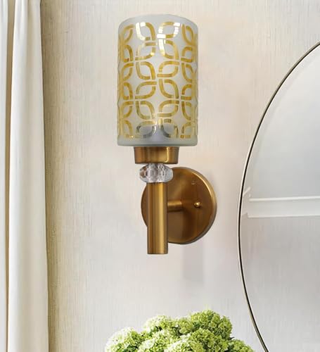 Image of WHITERAY Modern Golden Wall Lamp Frosted Glass Shade Stylish Metal Body with Crystal Accent Decorative Indoor Sconce Lighting Wall Light Fixture for Living Room, Staircase & Home Decor (Without Bulb)