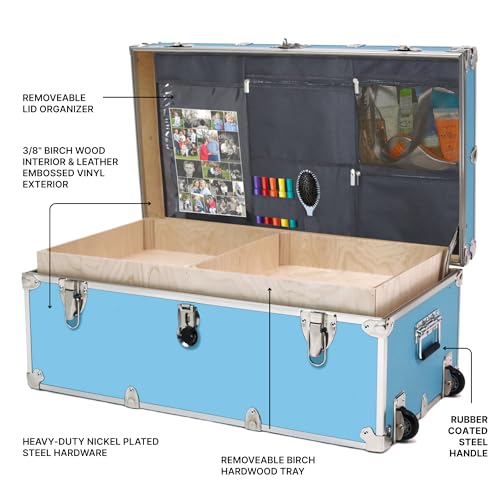 Image of Large Essential Trunk With Wheels, Tray, & Lid Organizer - 32 inchx18 inchx14 inch, 1000+ lbs Capacity. Strong, USA Made Summer Camp Footlocker, and Secure College Dorm Storage Chest