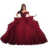 TRHTX Off Shoulder Ruffle Burgundy Quince Dress Tulle Layered Vestidos De 15 Años Quinceañera with Appliques Puffy Sweetheart Sweet 16 Dresses Size 0