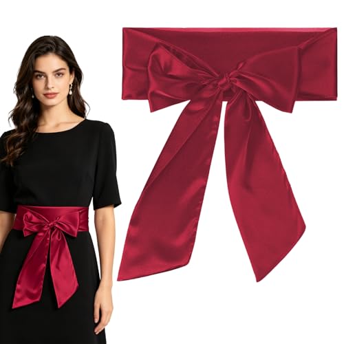 BEZHO Cinturón de Satén para Mujer, Lazo de Cintura Suave autovinculable de 246 cm, Accesorio para Vestido de Novia, Damas de Honor, Fiesta, Graduación y DIY (Burdeos)