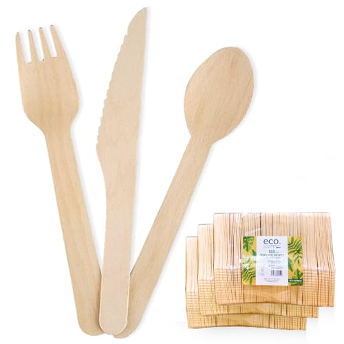 Clearly 200 Wooden Disposable Cutlery Set Eco Friendly Biodegradable Compostable 16.5cm Forks Knives for Picnic Party Restaurant Home Daily Use (100 Forks + 100 Knives)