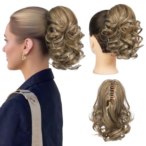 REECHO 9" Short Ponytail Extension, Classic Loose Curly Wavy Claw Clip Pony tails Hair Extensions HP001 Hairpieces for Women - Medium Blonde with Blonde Highlights