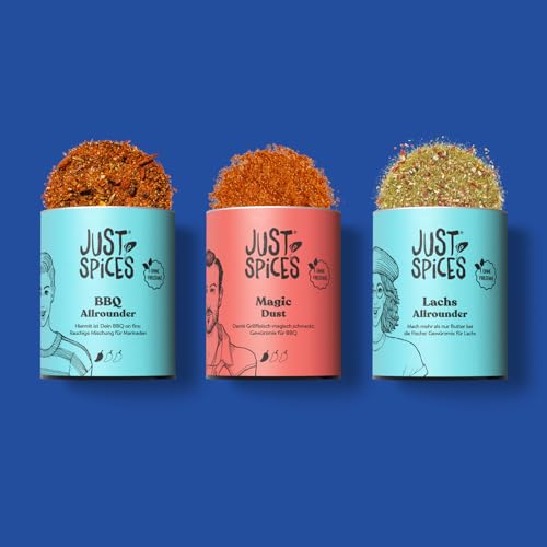 Just Spices Grill Geschenkbox I Geschenkset mit 3 Gewürzdosen I Grill-Marinaden & Rubs für Fleisch, Fisch, Gemüse