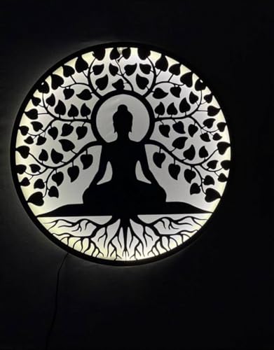 Image of M.K Handicraft Buddha Metal 3D Wall Art 24 IN WIth LED Backlite Wall Hanging with Led Backlight Decorative Showpiece - 60 cm (Iron, LED Backlite Gold) (GOLD)