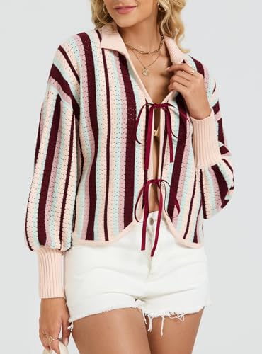 Image of Ladyful Women's Cropped Cardigan Sweater Tie Front Striped Long Sleeve Crochet Tops Fall Trendy Knit Outfits
