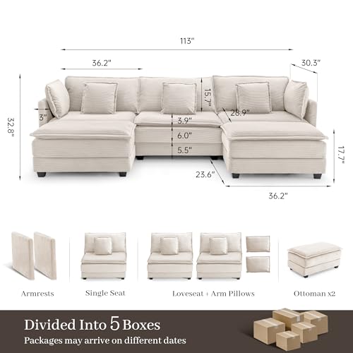 Image of Corduroy Sectional Couch, 3 Seater 113 inch U Shaped Cloud Couch with 2 Ottomans, Modular Deep Seat Sofa with Pillows for Living Room, Apartment, Beige