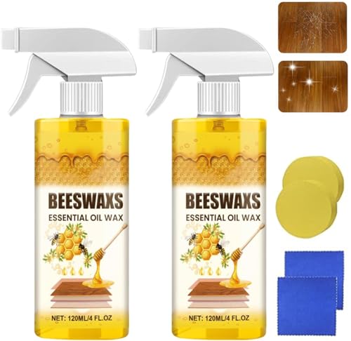 2PCS Beeswax Wood Polish Spray Beeswax Essential Oil Wax Multi-Purpose Bees Wax Furniture Polish and Cleaner Restores Shine & Removes Scratches for Living Rooms Kitchens Wood Furniture Floors