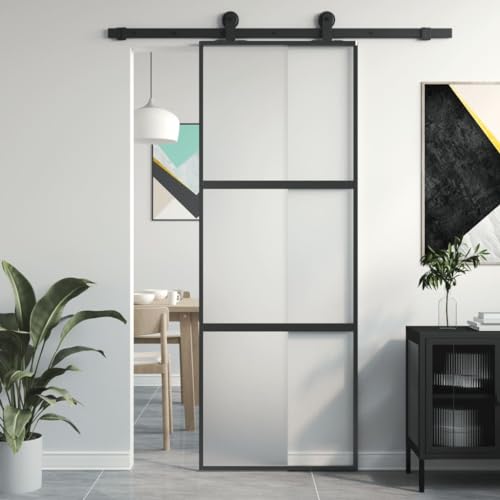 IKAYAA Porta Scorrevole da Interno in Vetro Trasparente ESG - Porte Interne Moderne Con Alluminio-Nero e Opaco - 76 x 205 cm