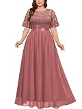 Miusol Women's Plus Size Sequin Lace Round Neck Butterfly Sleeves Formal Evening Maxi Dress